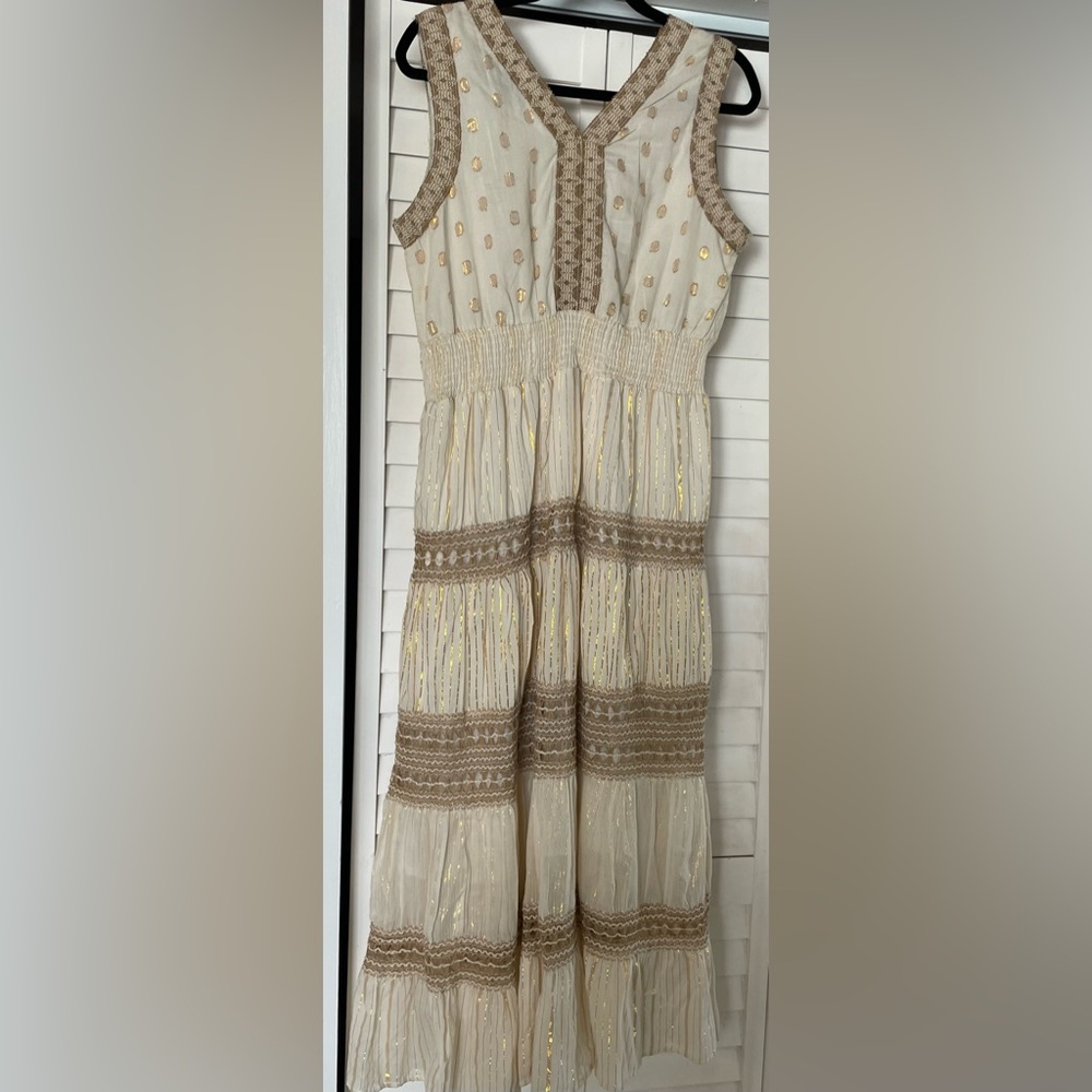 Boho Maxi Dress, size large. Ivory and gold.